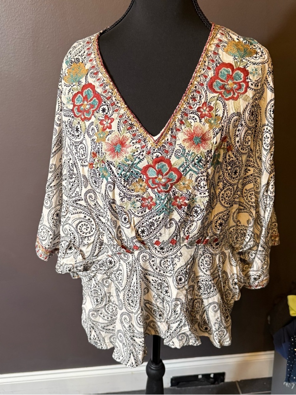 Savanna Jane Cream Paisley V-Neck Blouse with Coral & Teal Embroidery